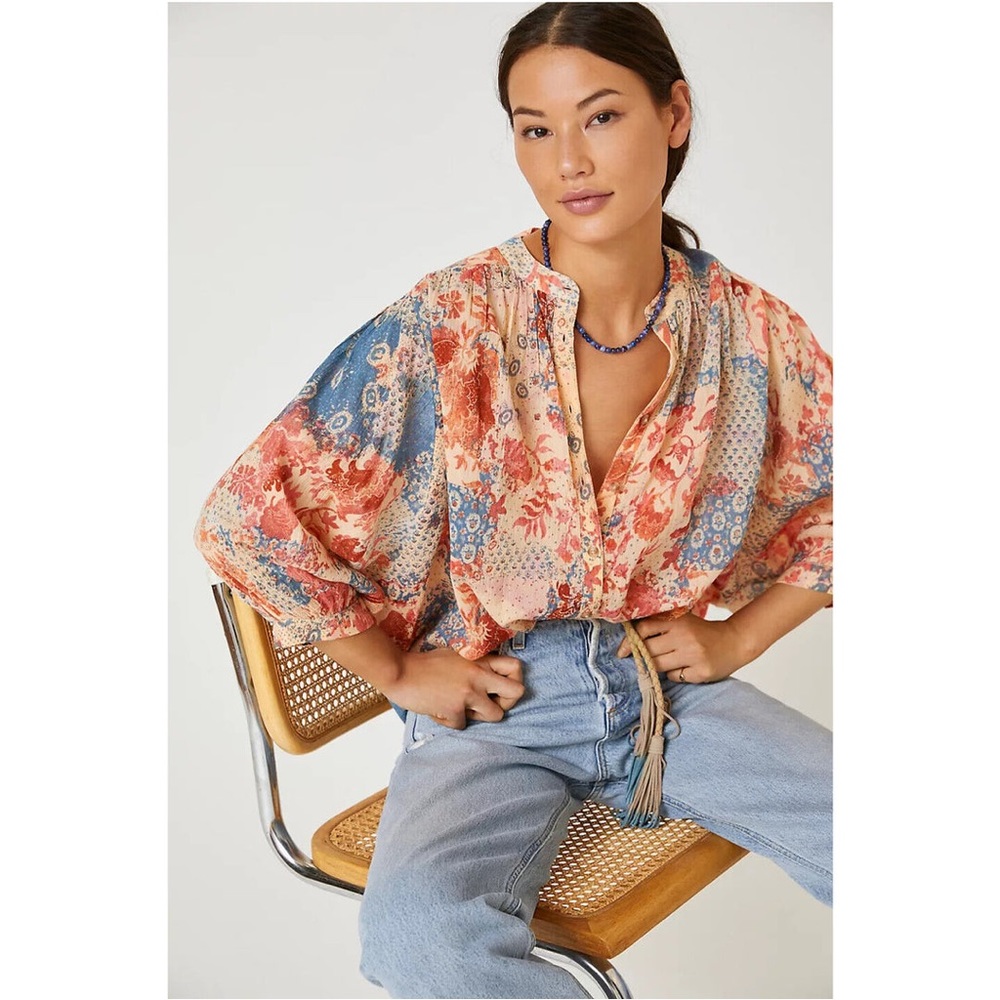 Anthropologie Floral Patchwork Blouse - Blue and Orange